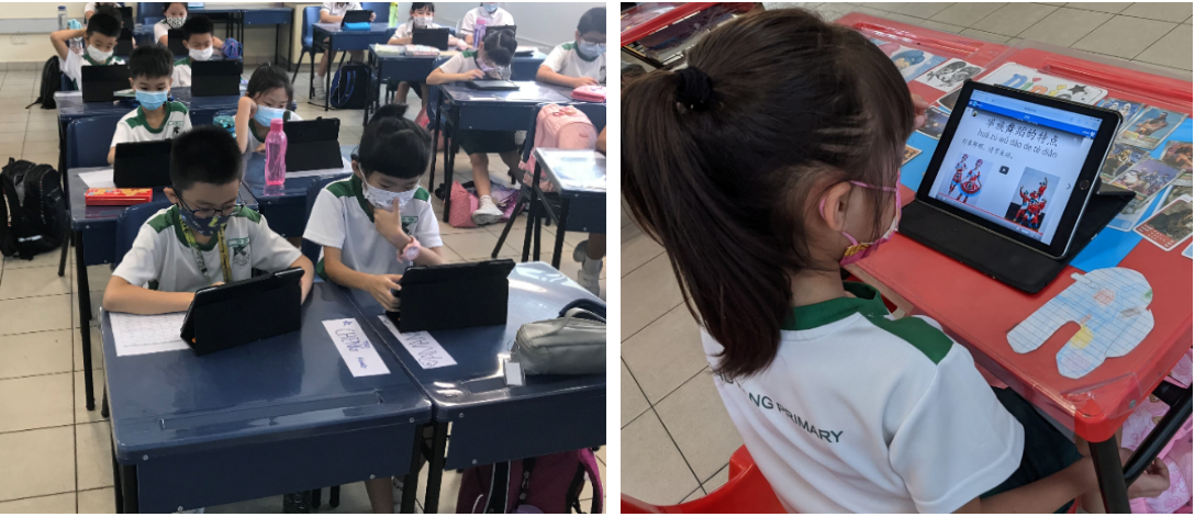 Young masked students in uniforms use tablets at school desks; one girl views Chinese text on a tablet closeup.